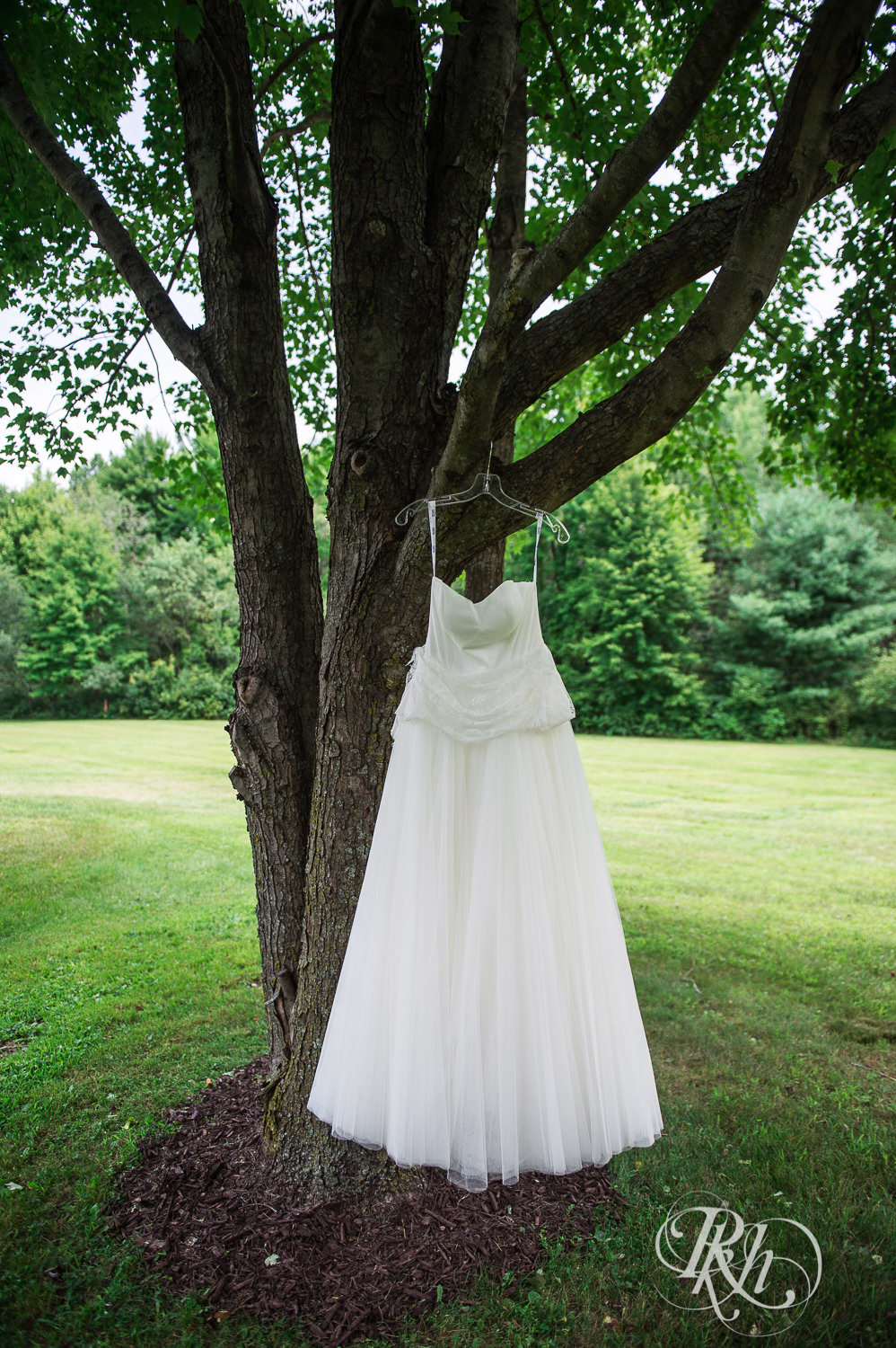 Wedding dress hanging from tree in Elk Mound, Wisconsin.