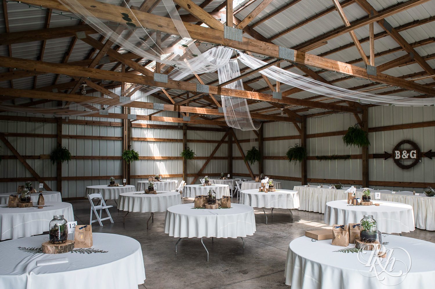 Barn wedding reception setup in Elk Mound, Wisconsin.