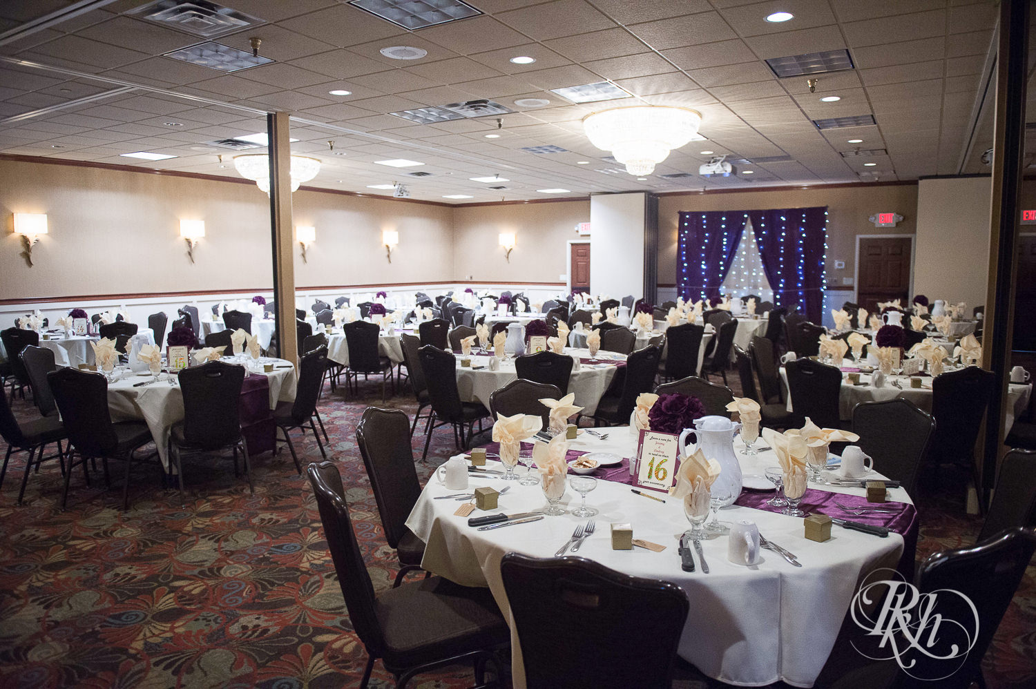 Wedding reception setup with purple accents at White Bear County Inn in White Bear Lake, Minnesota.