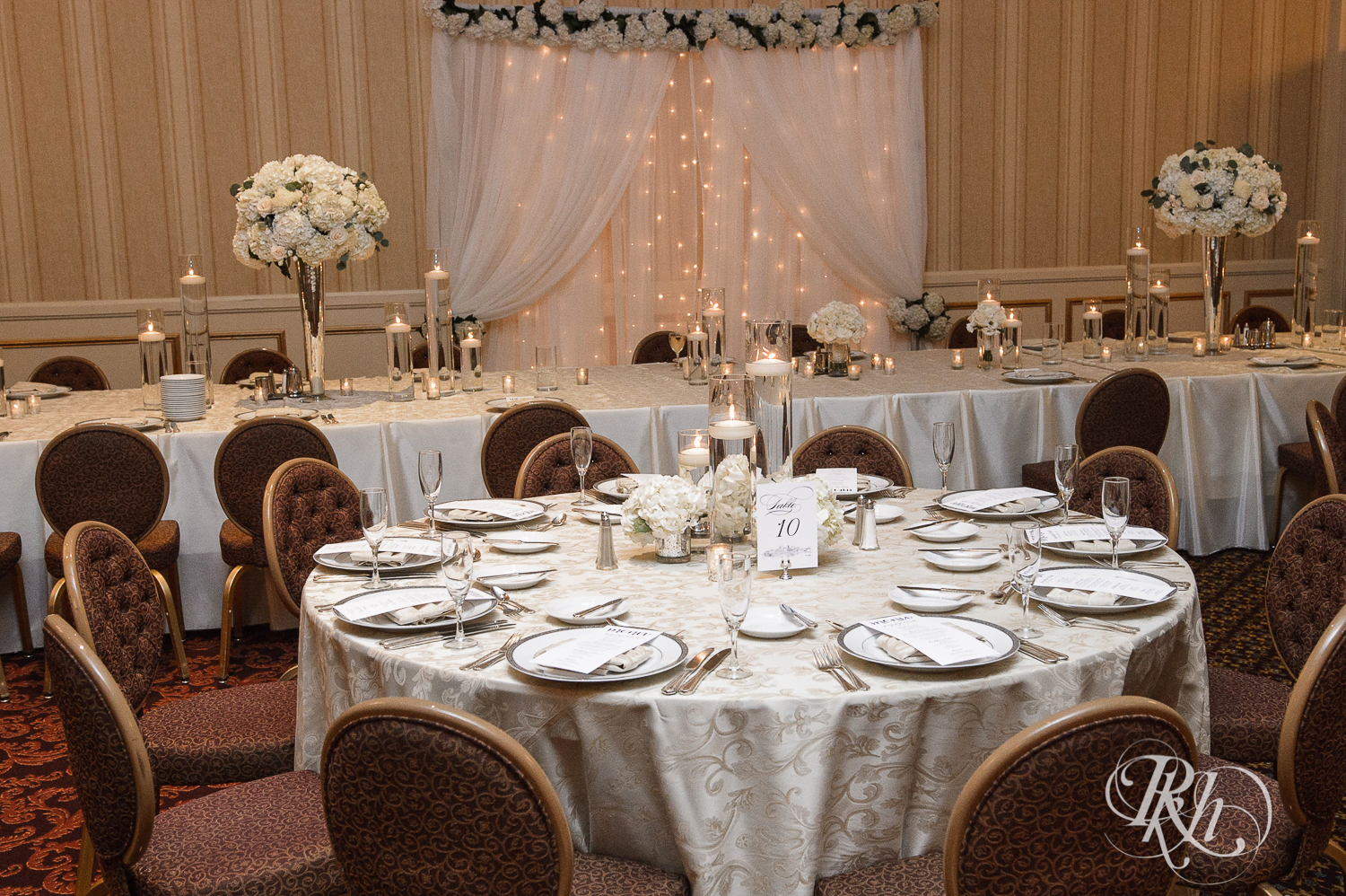 Indoor wedding reception setup at The Saint Paul Hotel in Saint Paul, Minnesota.