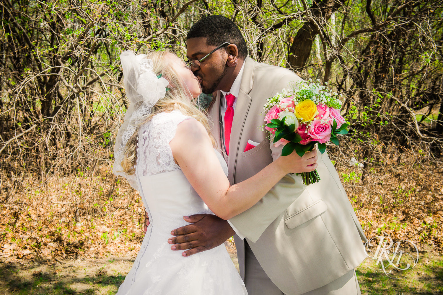 White bride and black groom see each other at first look at North Metro Event Center in Shoreview, Minnesota.