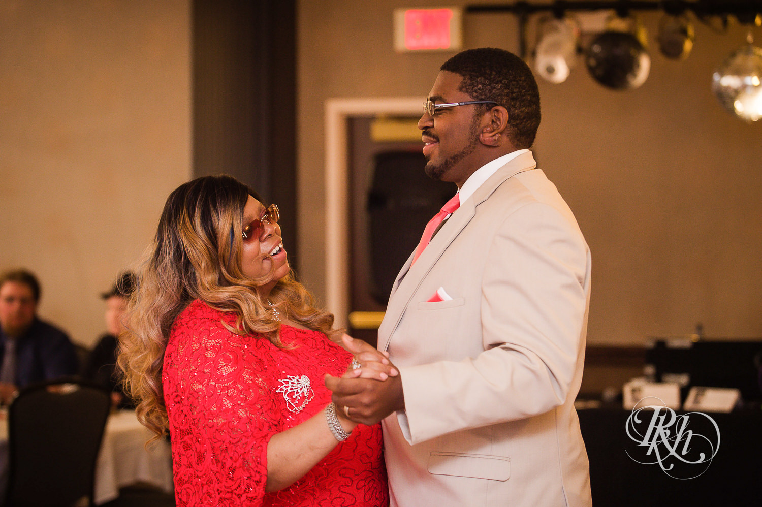 Groom and mom dance during wedding reception at North Metro Event Center in Shoreview, Minnesota.