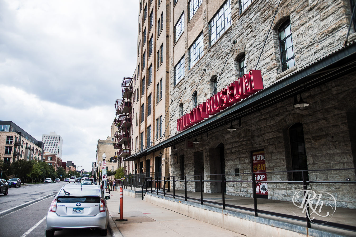 Wide shot of Mill City Museum from the street in Minneapolis, Minnesota.