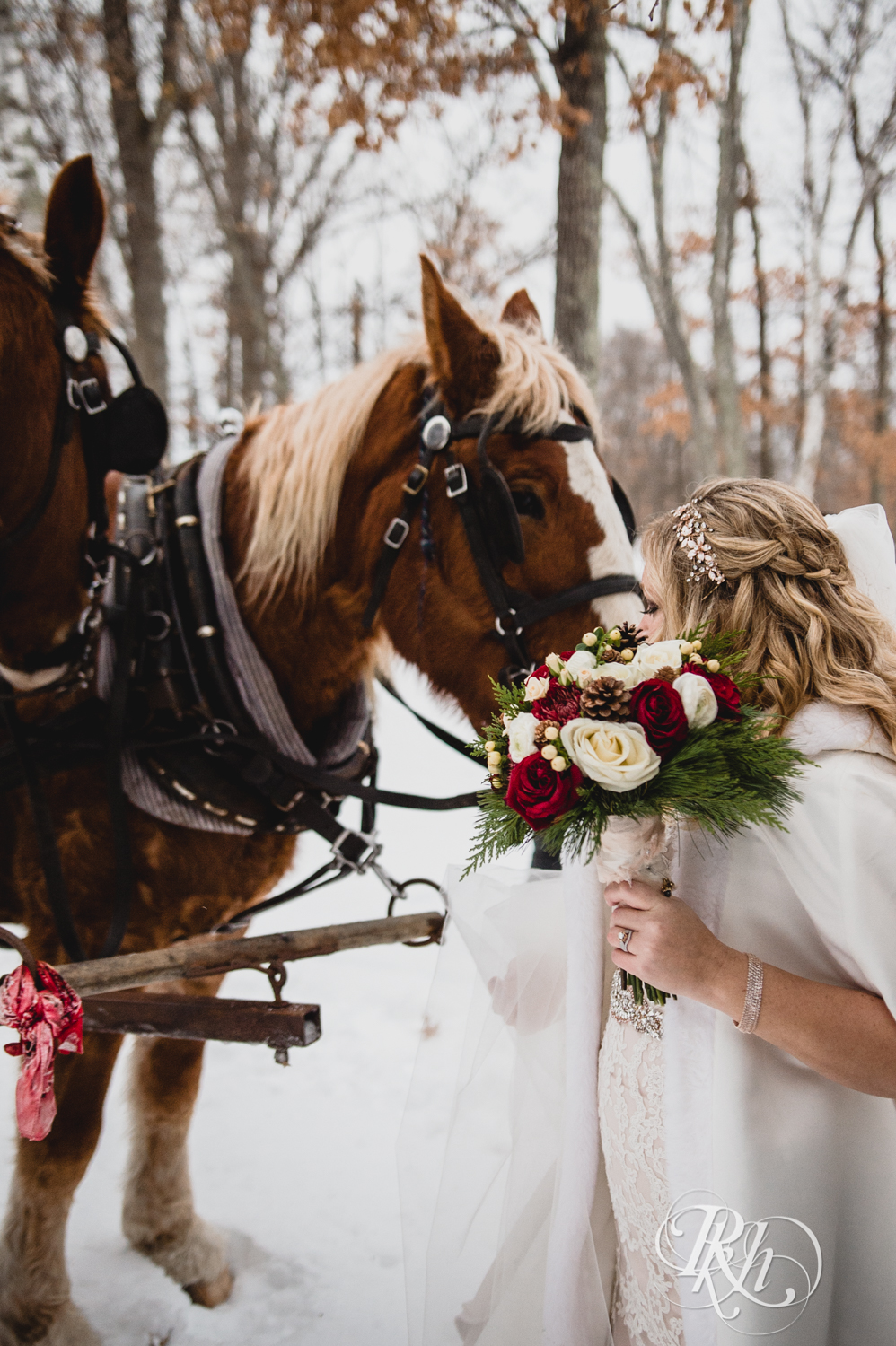 Bride coos horses during winter wedding at Whitefish Lodge in Crosslake, Minnesota.