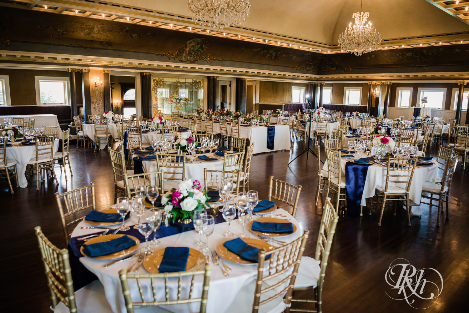 Indoor wedding reception setup at the Semple Mansion in Minneapolis, Minnesota.