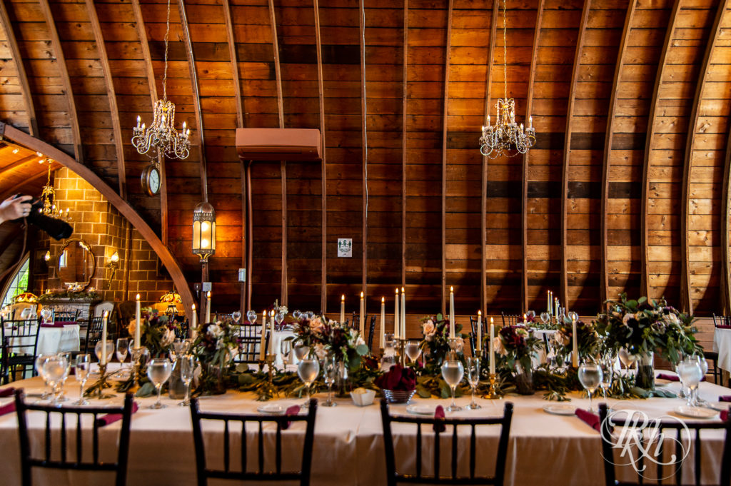 Indoor barn wedding reception setup at Green Acres Event Center in Eden Prairie, Minnesota.