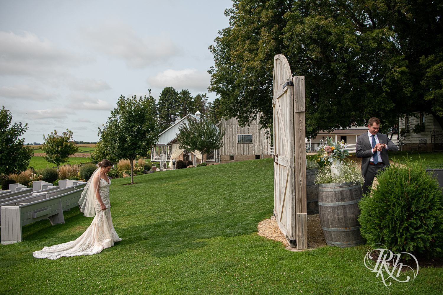 Bride and groom share first look at Legacy Hills Farm in Welch, Minnesota.