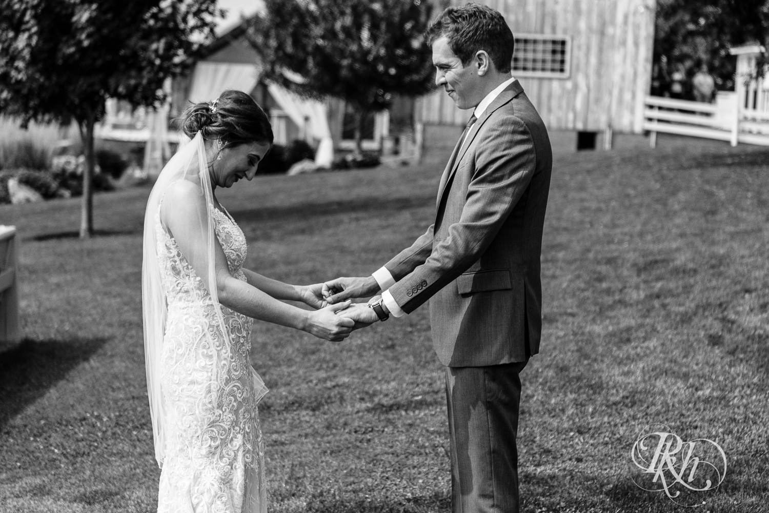 Bride and groom share first look at Legacy Hills Farm in Welch, Minnesota.