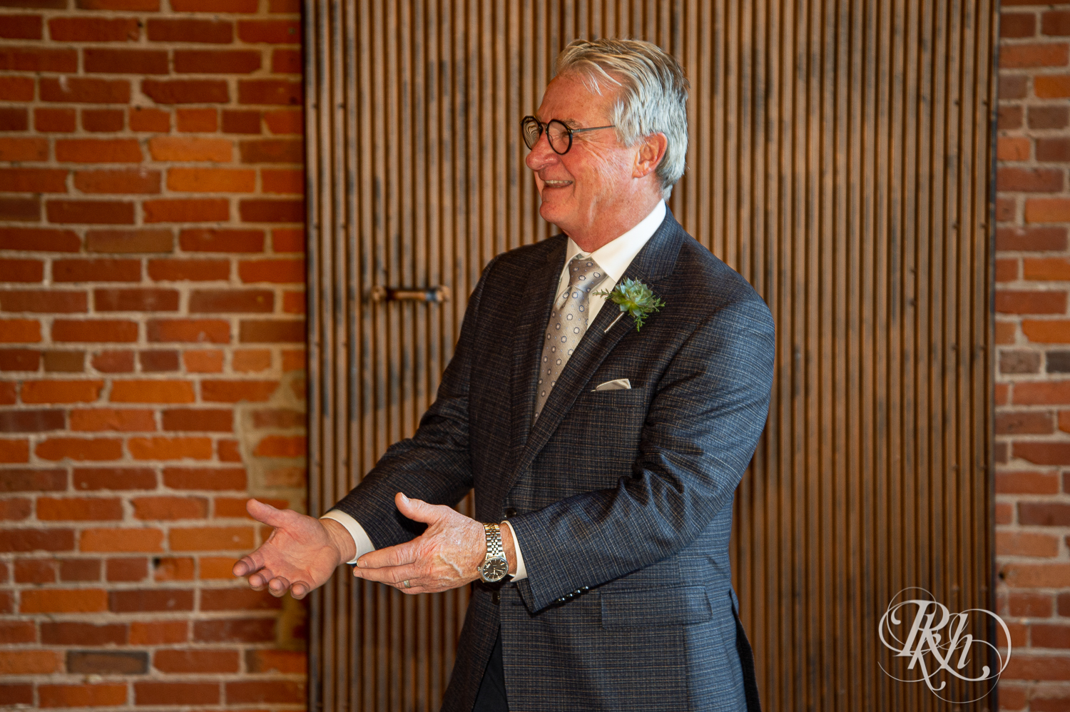 Bride and father share first look at Minneapolis Event Center in Minneapolis, Minnesota.