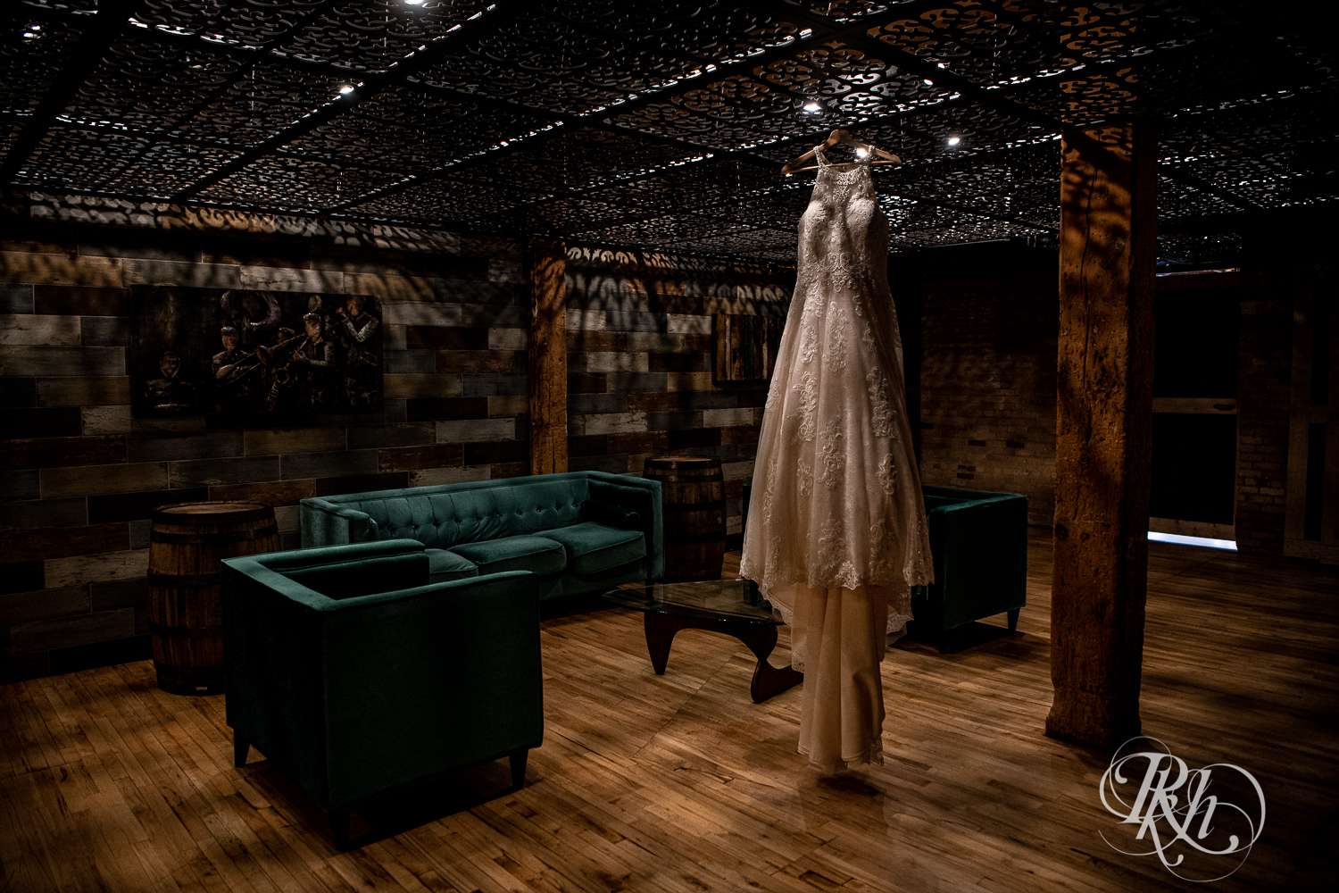 Wedding dress hangs from ceiling at Minneapolis Event Center in Minneapolis, Minnesota.