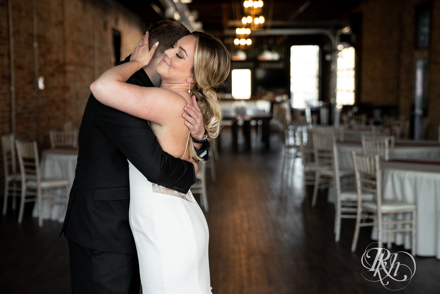 Bride and groom share first look at the 3 Ten Event Center in Faribault, Minnesota.