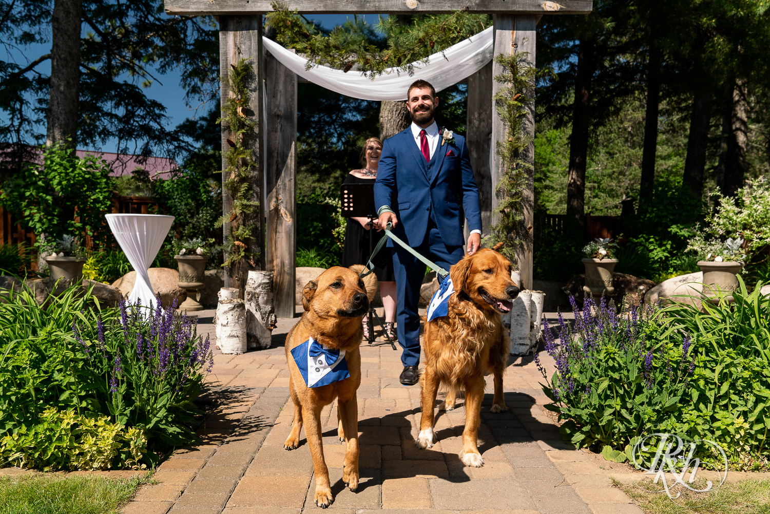 Groom walks dogs down the aisle at wedding ceremony at Pine Peaks Event Center in Pine River, Minnesota.