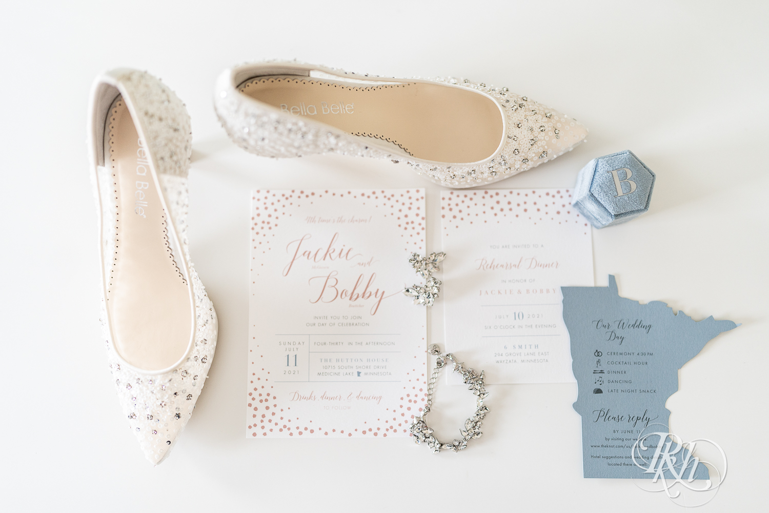 Wedding details including shoes and jewelry at The Hutton House in Medicine Lake, Minnesota.