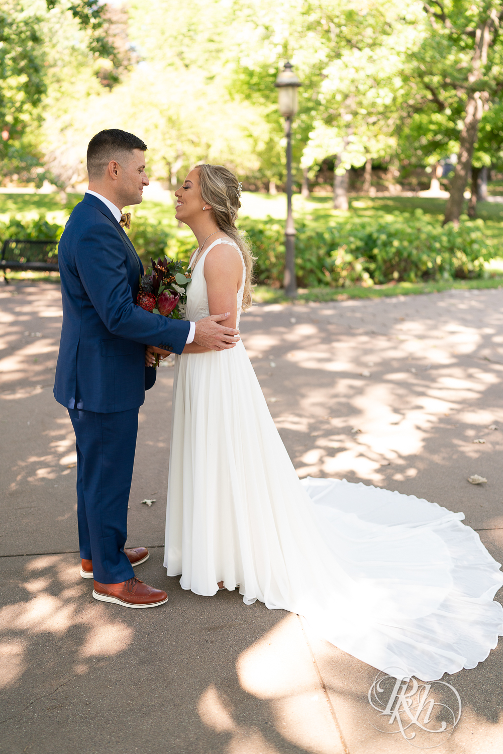 First look between bride and groom at Irvine Park in Saint Paul, Minnesota.