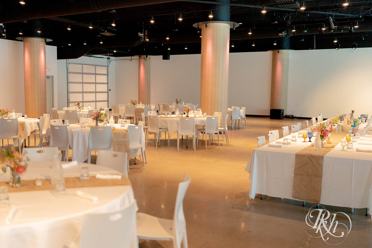 Minimalist wedding reception setup at Saint Paul Event Center in Saint Paul, Minnesota.
