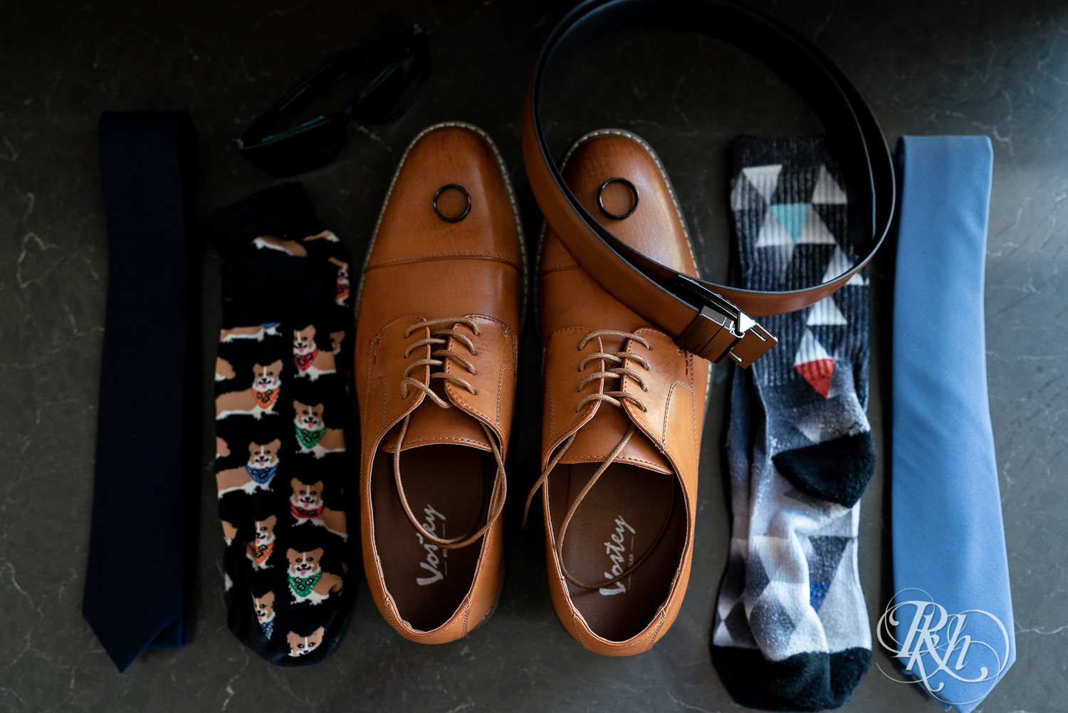 Men's wedding details including shoes, socks, tie and Corgi socks. 