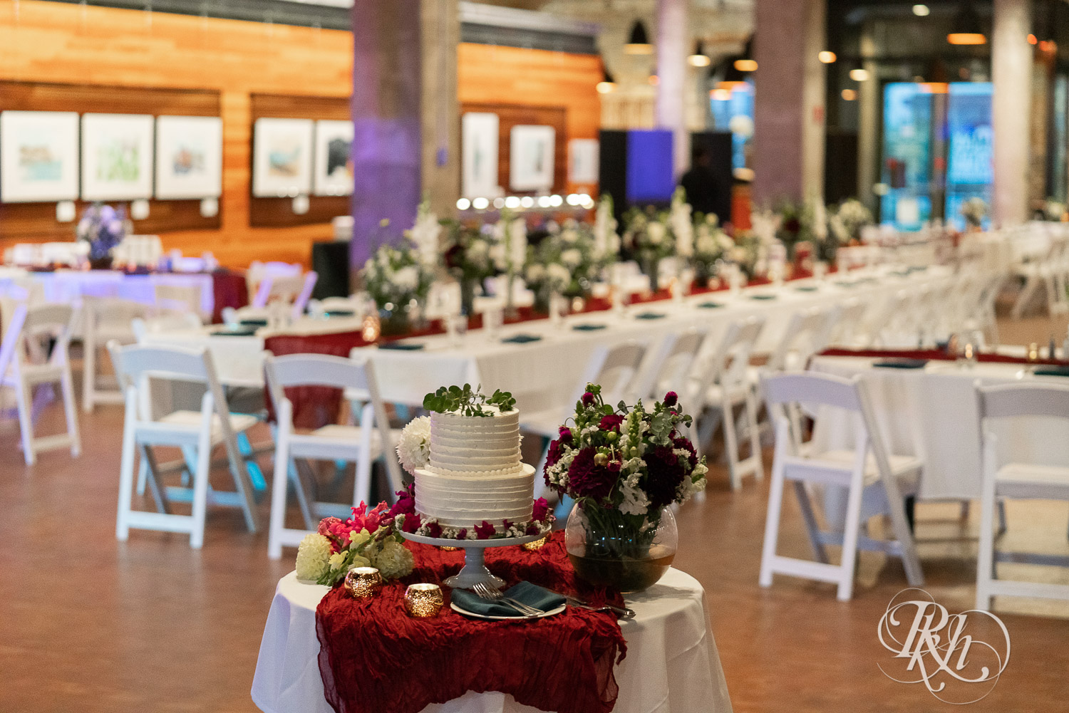 Wedding reception setup at Mill City Museum in Minneapolis, Minnesota.