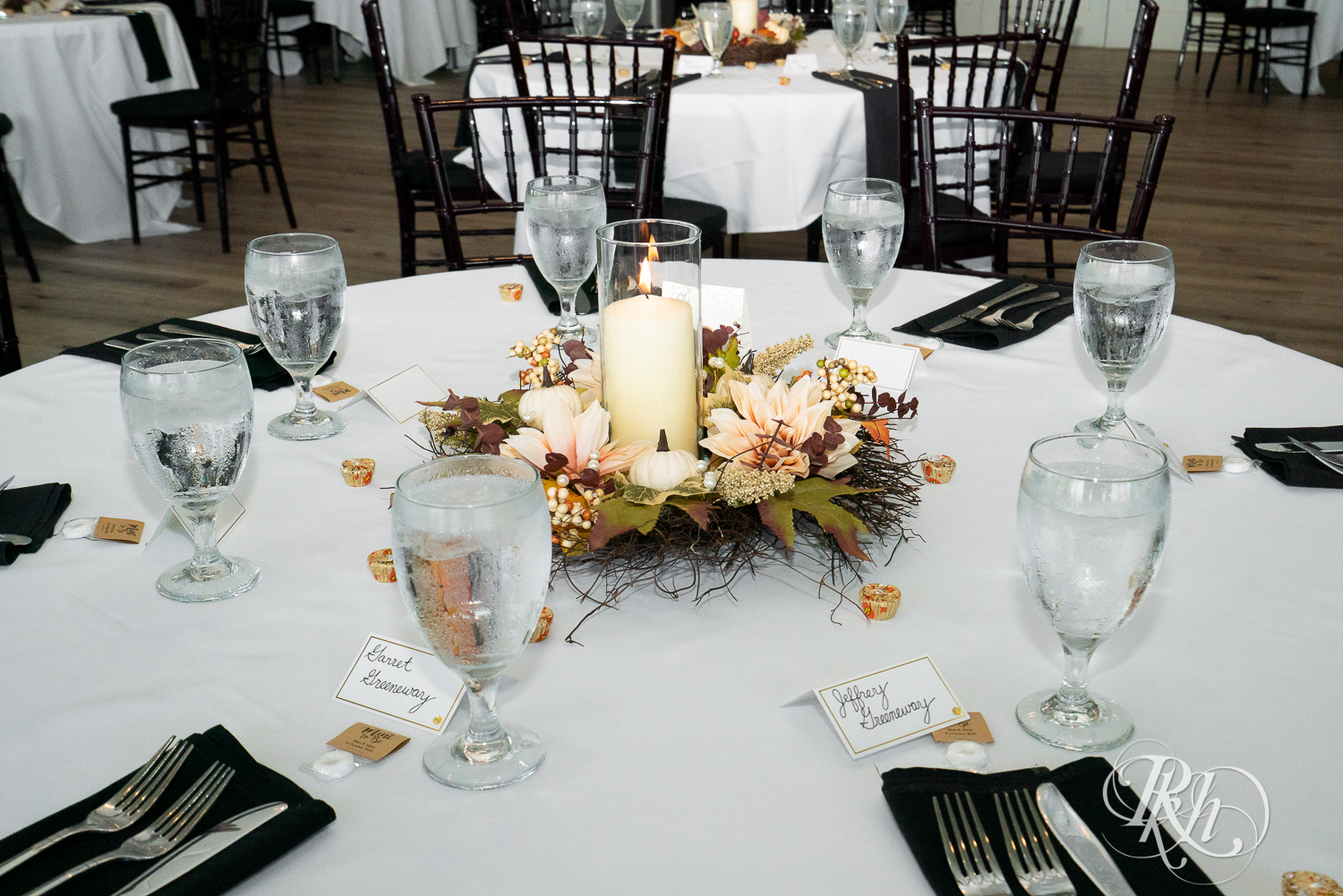 Wedding reception setup at Hastings Golf Club in Hastings, Minnesota with fall accents