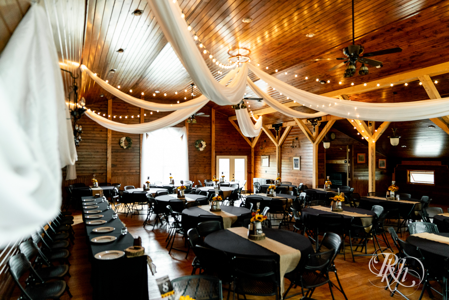 Barn wedding reception setup at Barn at Crocker's Creek in Faribault, Minnesota.