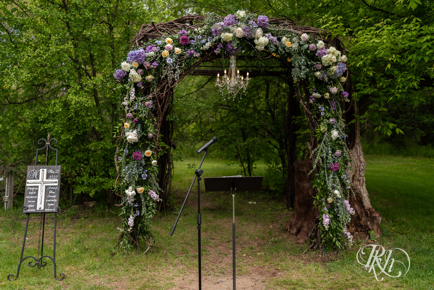 Outdoor alter with purple flowers at Hope Glen Farm in Cottage Grove, Minnesota.