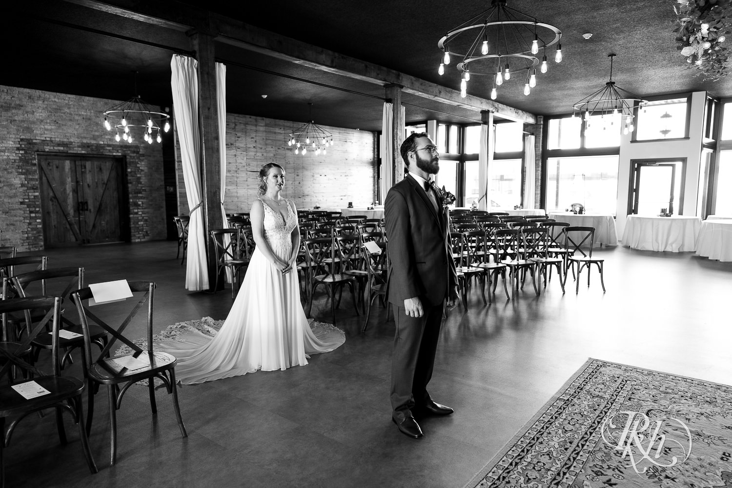 Bride and groom first look at The Jerome Event Center in Delano, Minnesota.