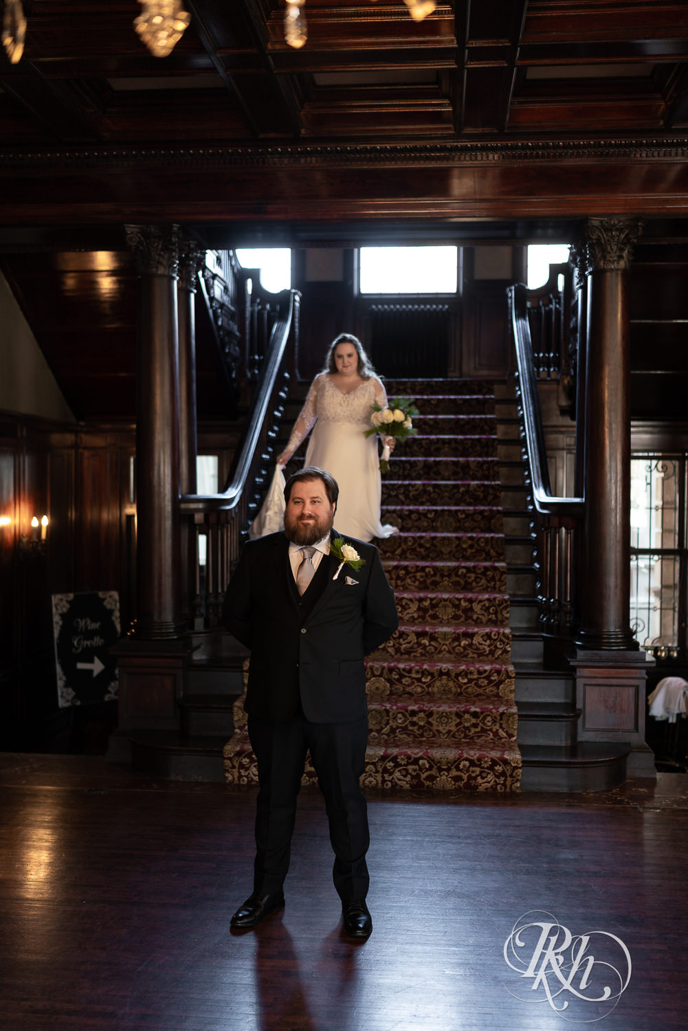 Bride and groom sharing first look at at Semple Mansion in Minneapolis, Minnesota.
