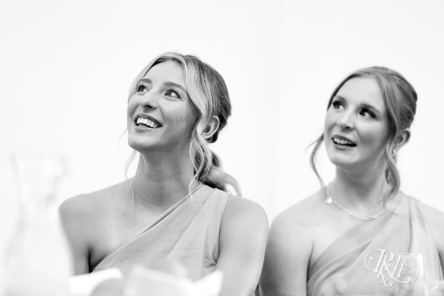 Bridesmaids smile during wedding reception at Ahavah Cottage in Elysian, Minnesota.