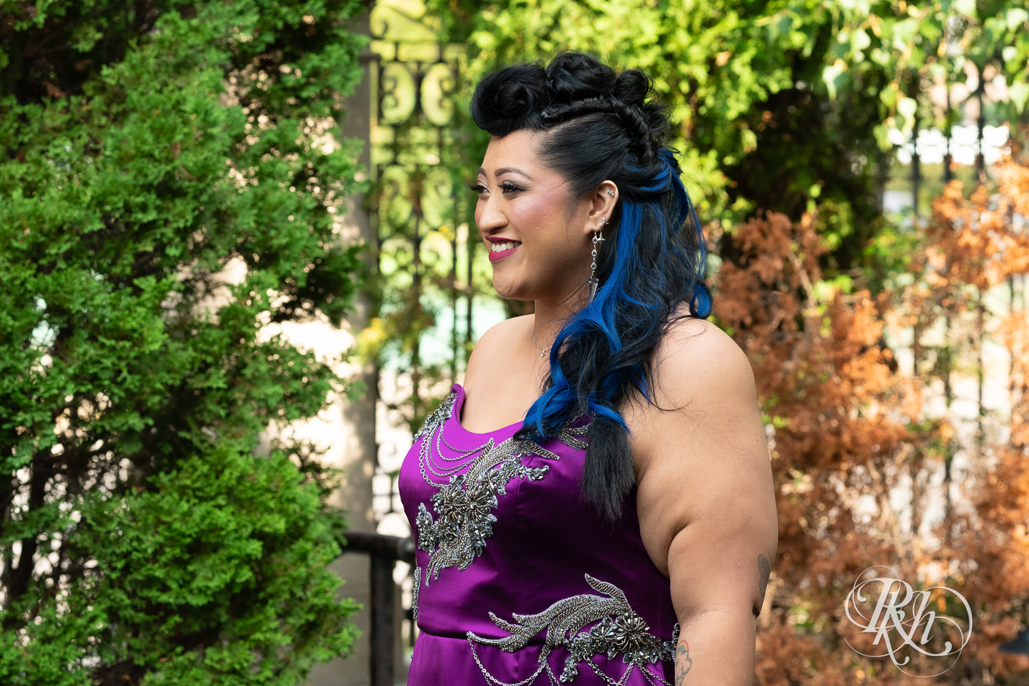 Filipino bride with mohawk dressed in purple wedding dress share first look with groom in Minneapolis, Minnesota.