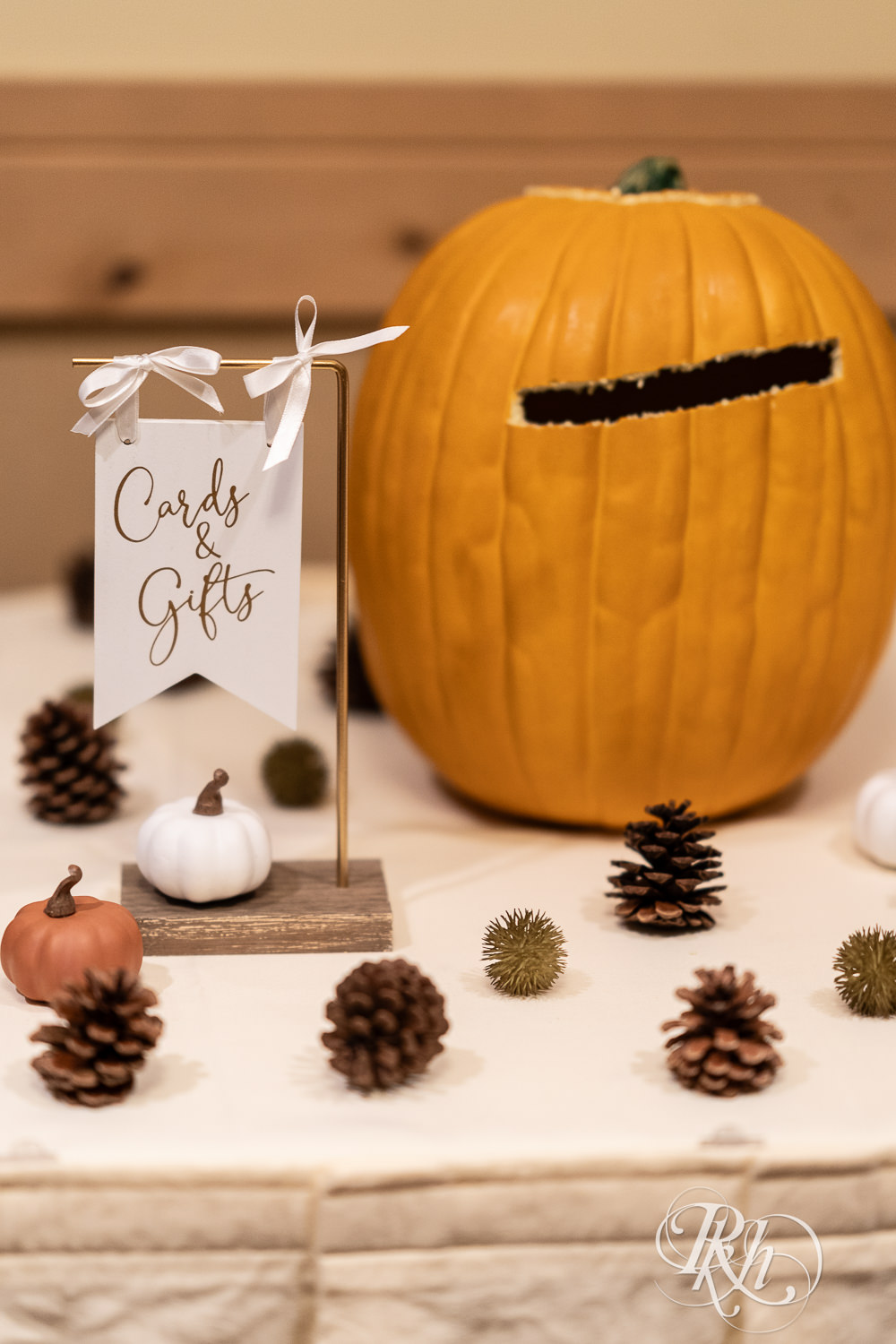 Wedding card table with pumpkin at Bunker Hills Event Center in Coon Rapids, Minnesota.