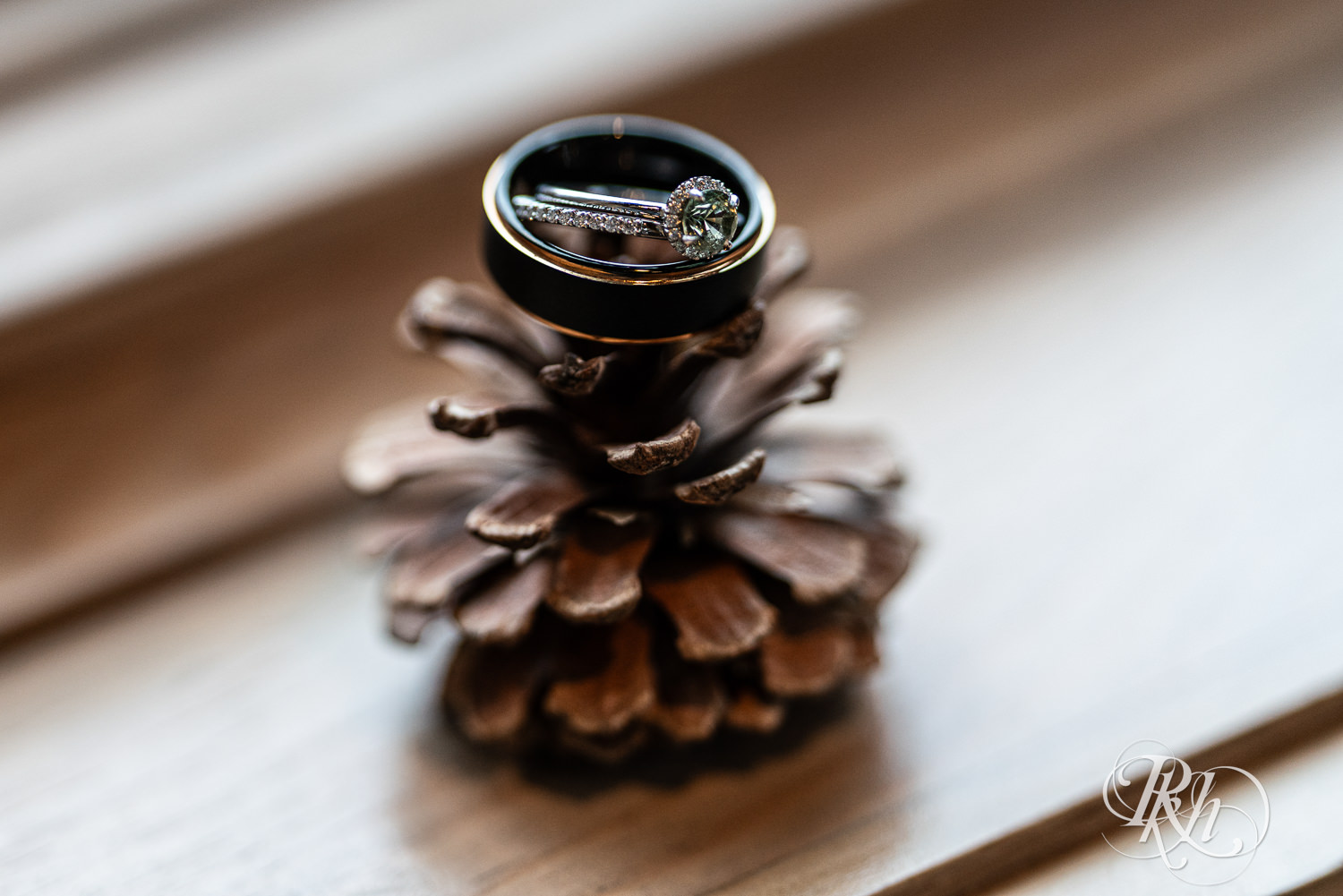Rings placed on a pinecone at Bunker Hills Event Center in Coon Rapids, Minnesota.