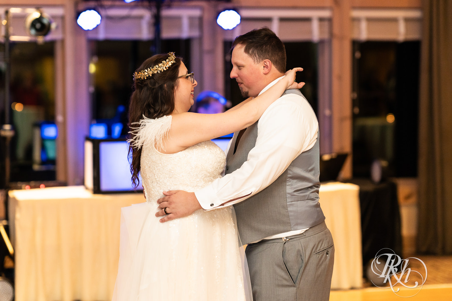 Bride and groom share first dance at Bunker Hills Event Center in Coon Rapids, Minnesota.