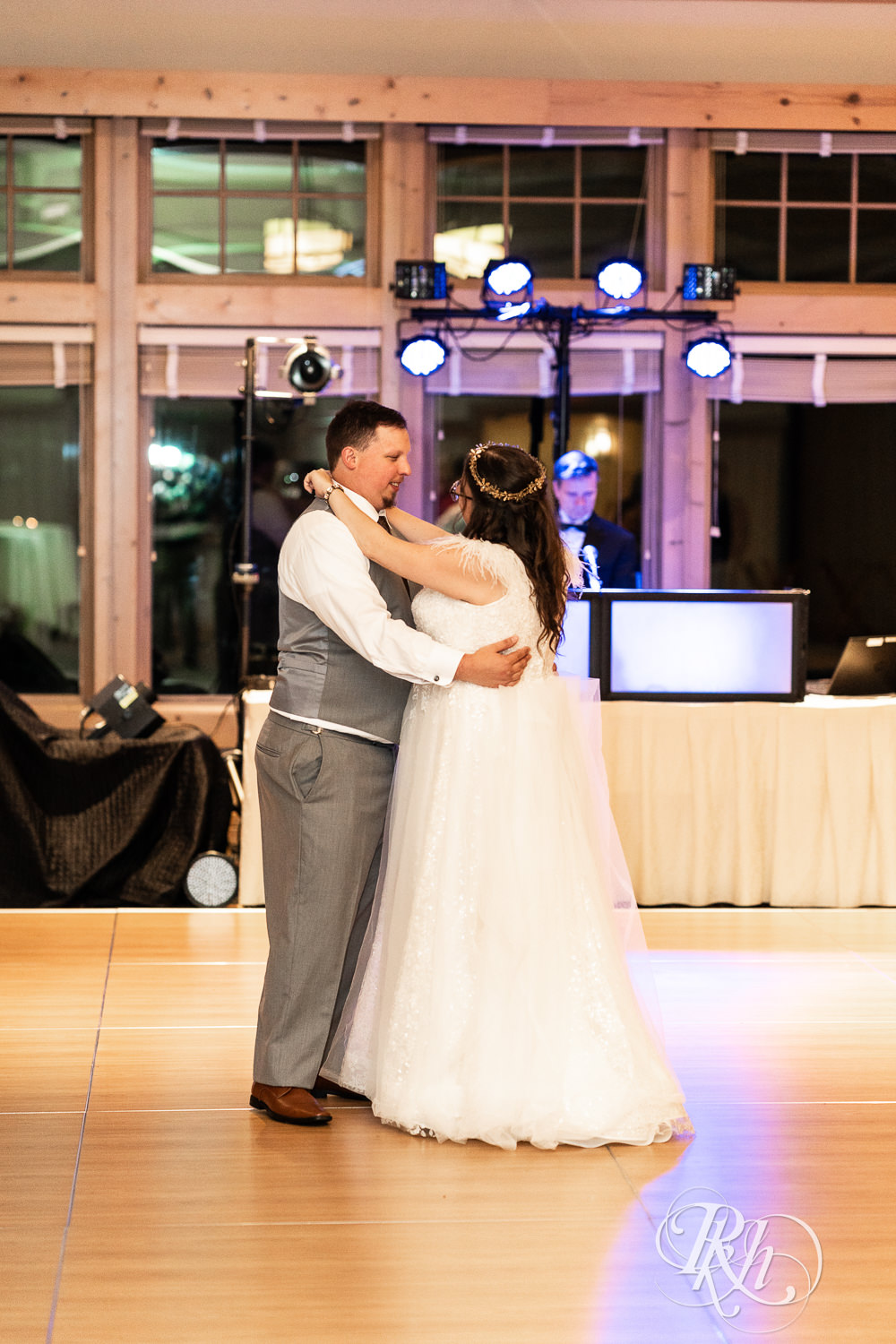Bride and groom share first dance at Bunker Hills Event Center in Coon Rapids, Minnesota.