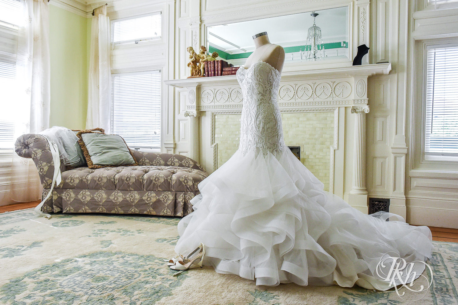 Wedding dress and shoes at the Van Dusen Mansion in Minneapolis, Minnesota.