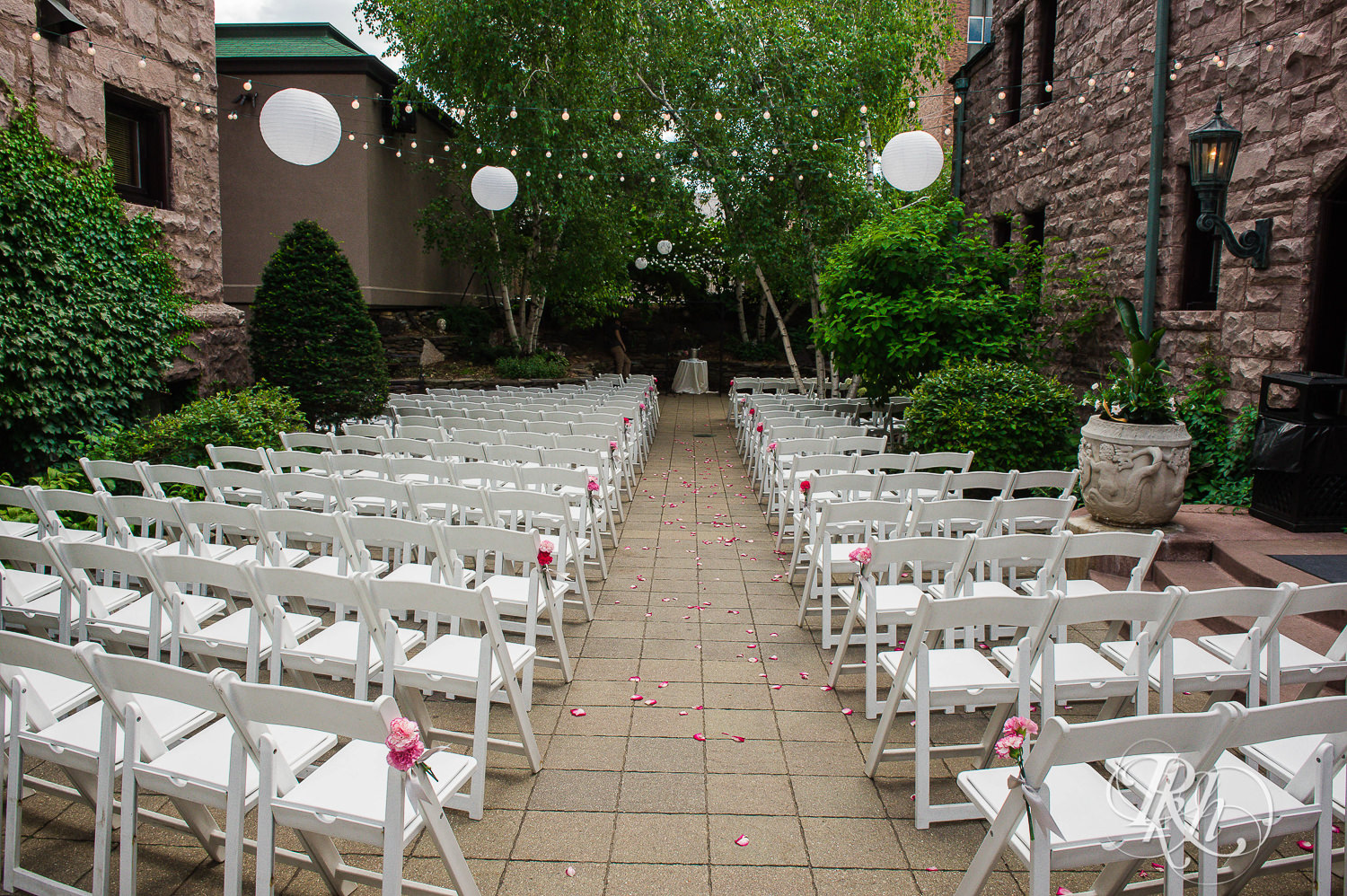 Outdoor wedding ceremony setup at the Van Dusen Mansion in Minneapolis, Minnesota.