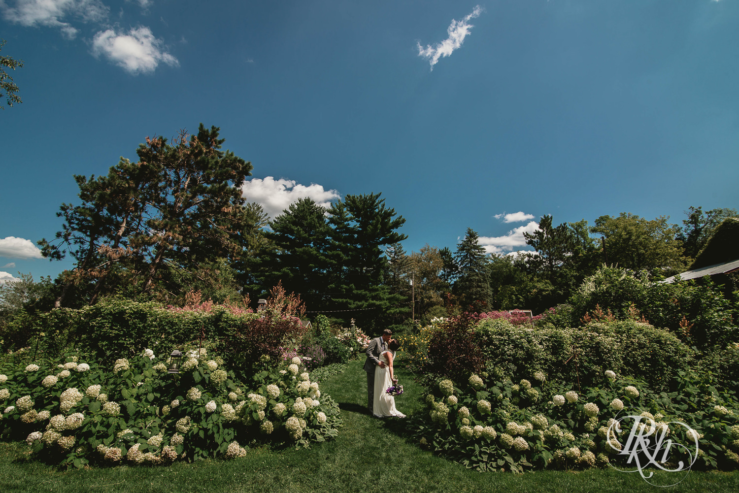 Bride and groom kiss between flowers at Camrose Hill Flower Farm in Stillwater, Minnesota.