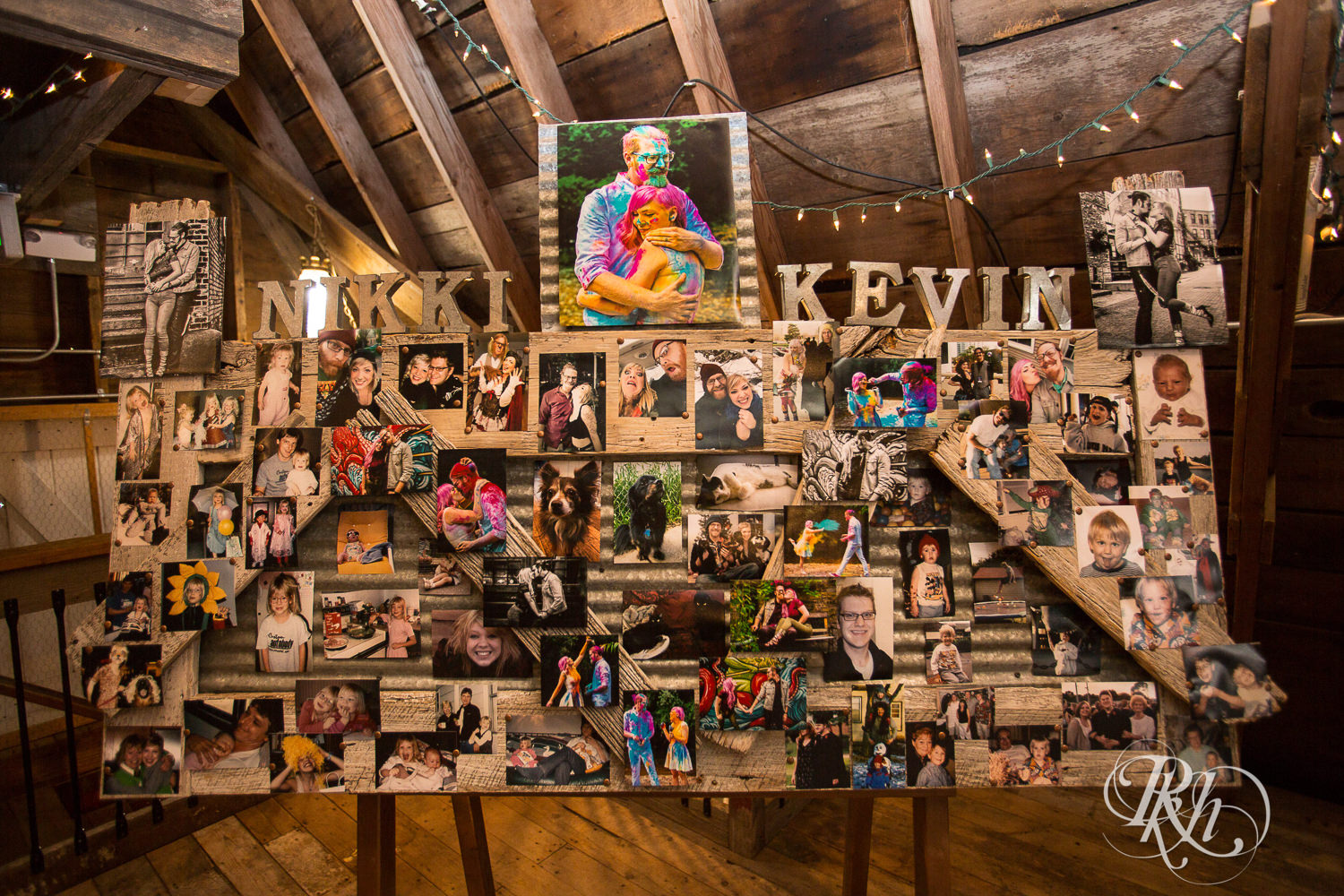 Collage of wedding and engagement photography in a barn space.