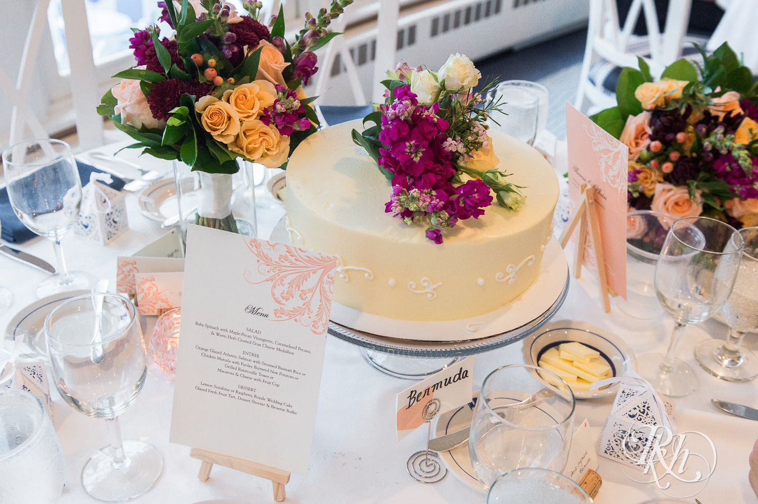 Wedding cake on table at White Bear Yacht Club in White Bear Lake, Minnesota.