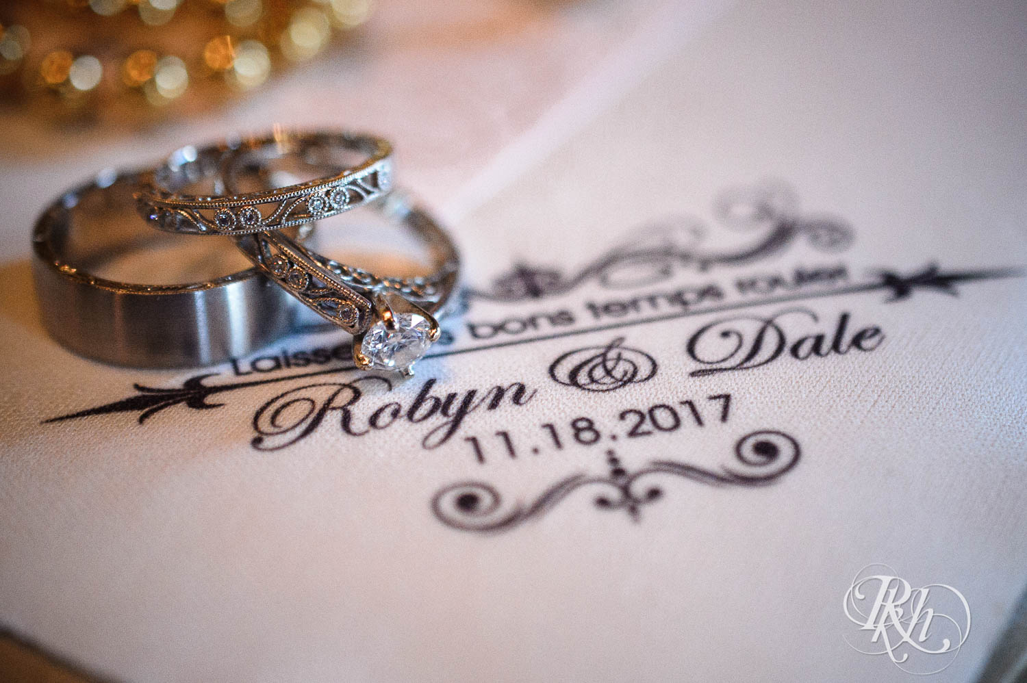 Wedding rings at Nicollet Island Pavilion in Minneapolis, Minnesota. 