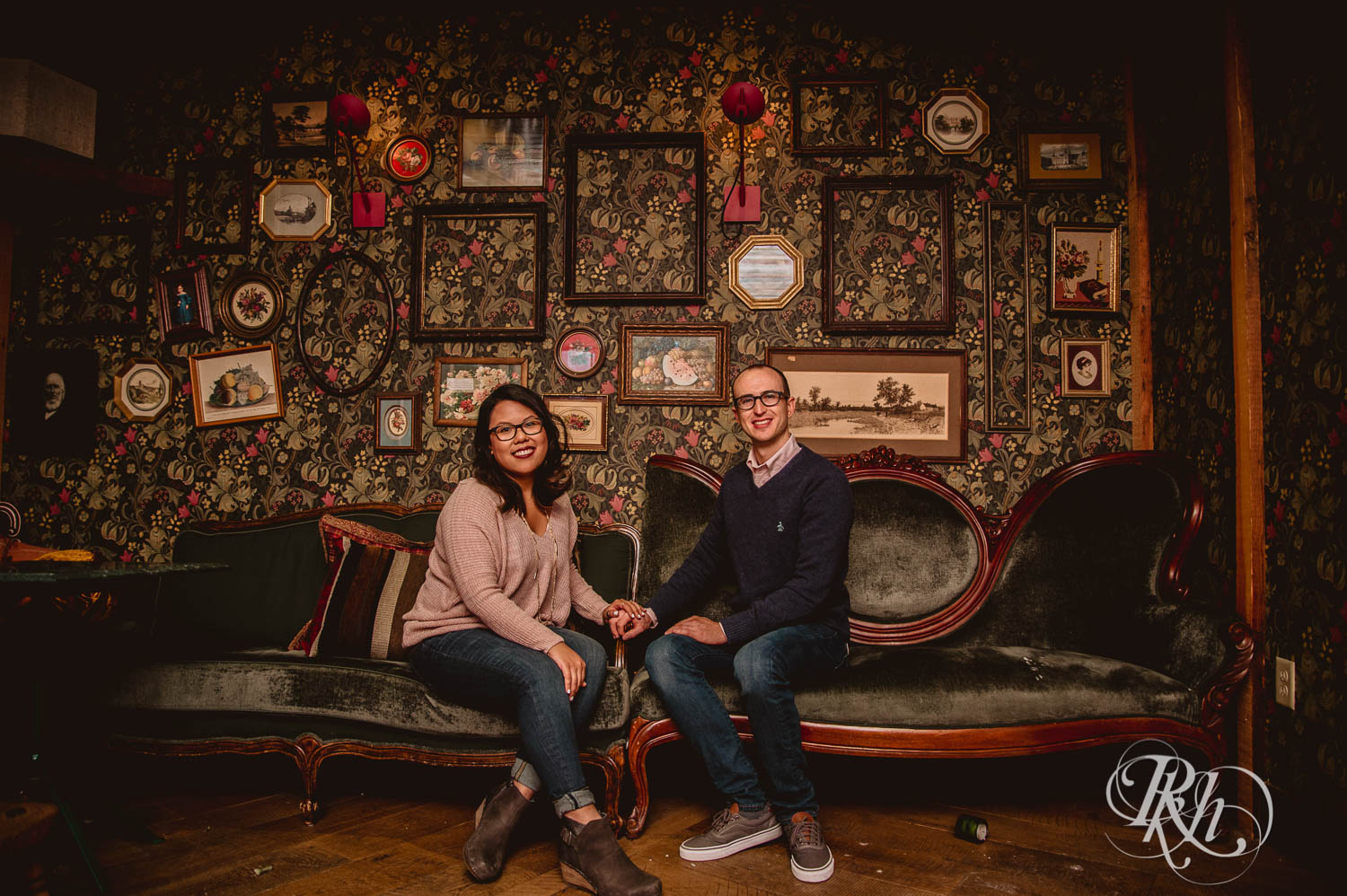 Man and Asian woman in glasses smile for Young Joni engagement photos in Minneapolis, Minnesota.