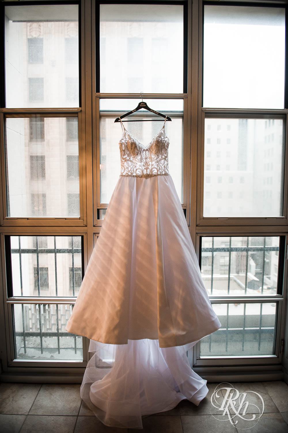 Wedding dress hanging up at Crowne Plaza Minneapolis Northstar Downtown in Minneapolis, Minnesota.