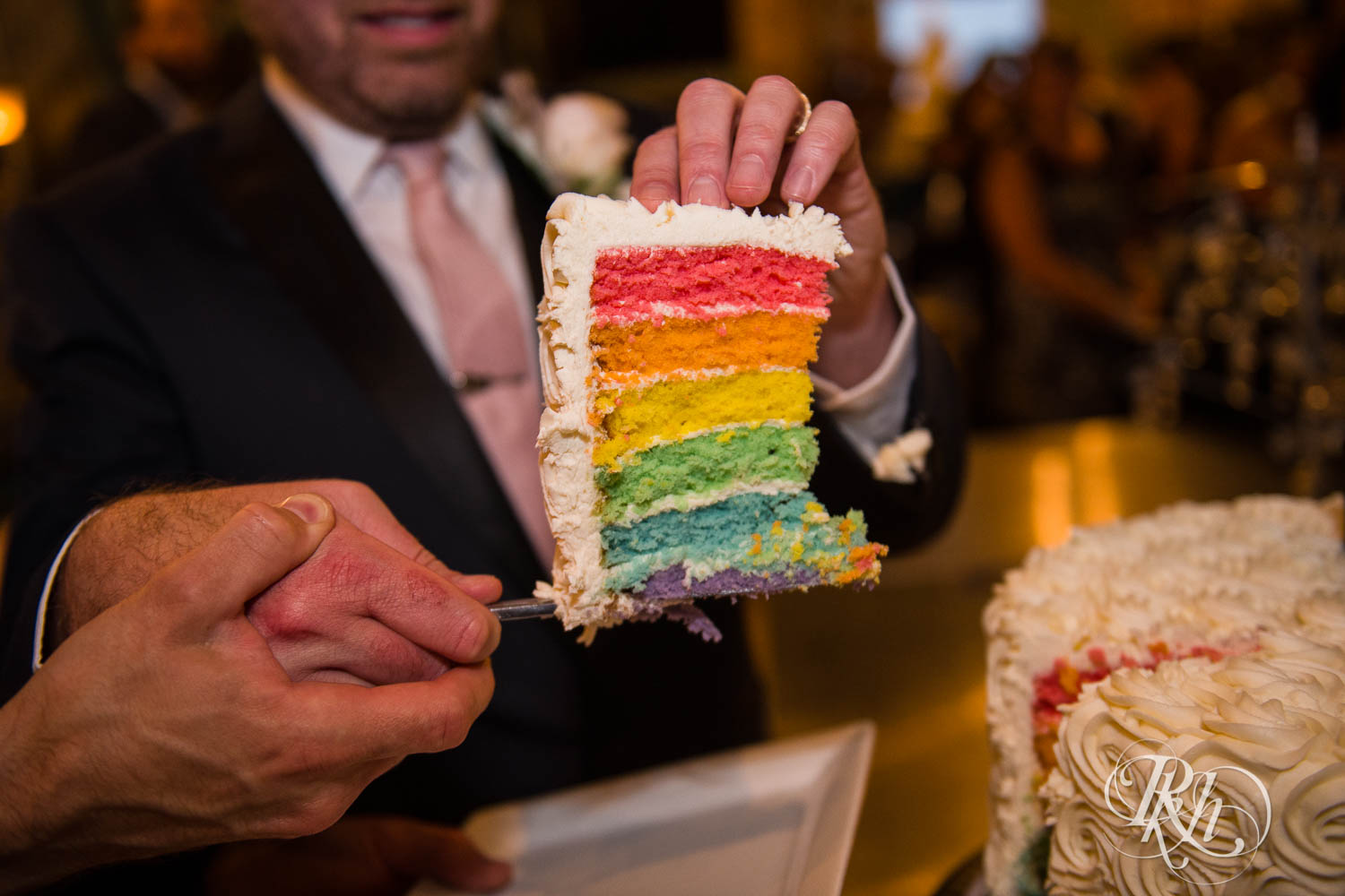 Grooms cut cake during wedding reception speeches at Warehouse Winery wedding in Saint Louis Park, Minnesota.