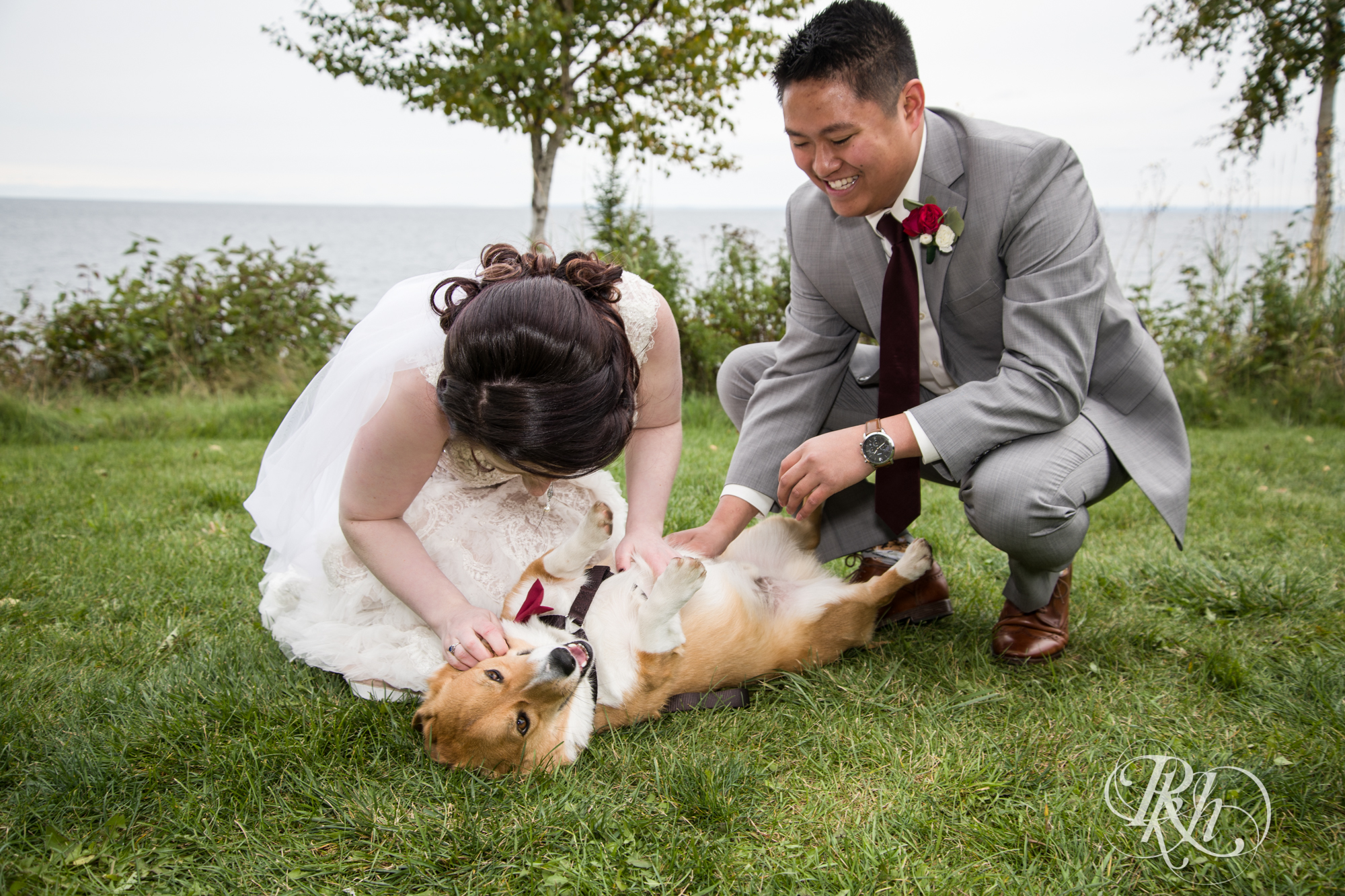 Bride and groom play with Corgi at Grand Superior Lodge in Two Harbors, Minnesota.