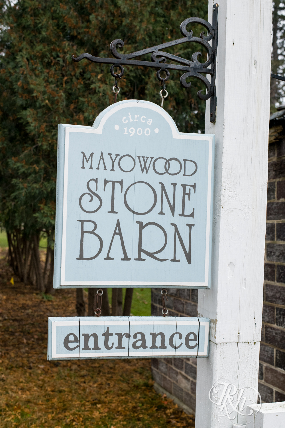 Mayowood Stone Barn entrance sign in Rochester, Minnesota.