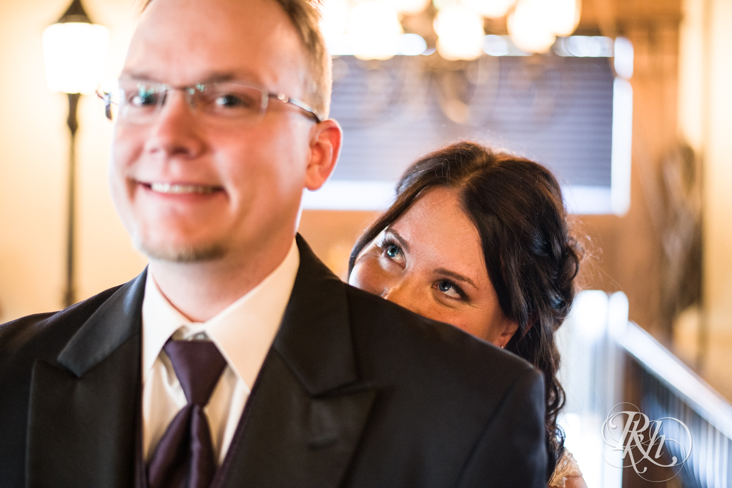 Bride and groom share first look at Kellerman's Event Center in White Bear Lake, Minnesota.