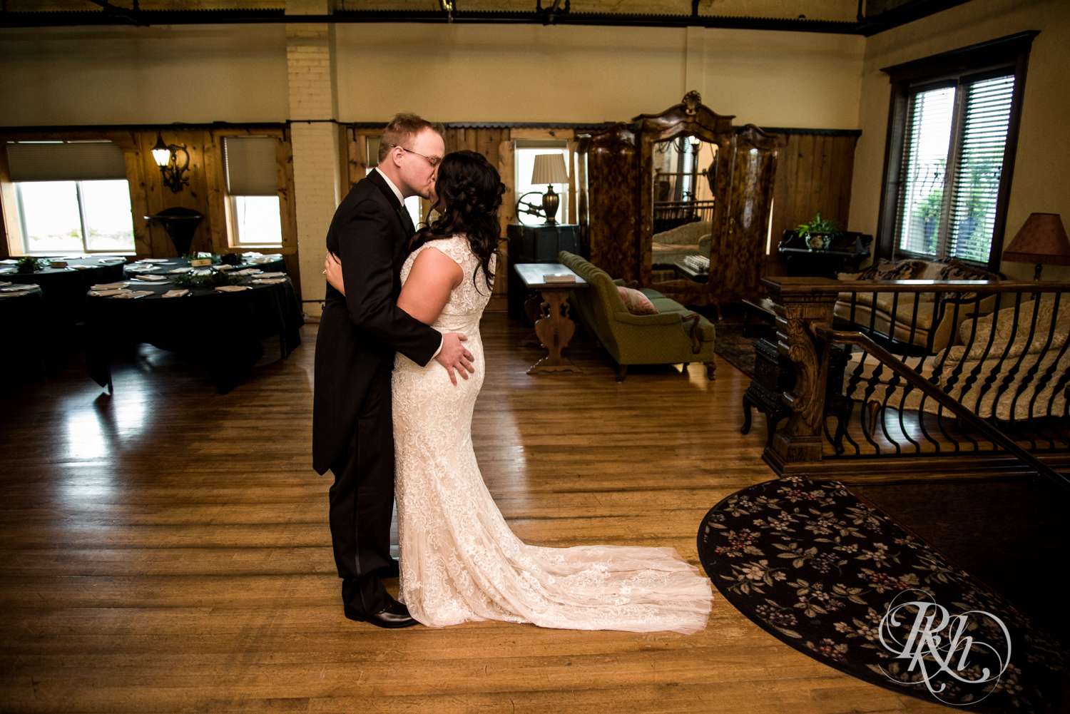 Bride and groom share first look at Kellerman's Event Center in White Bear Lake, Minnesota.
