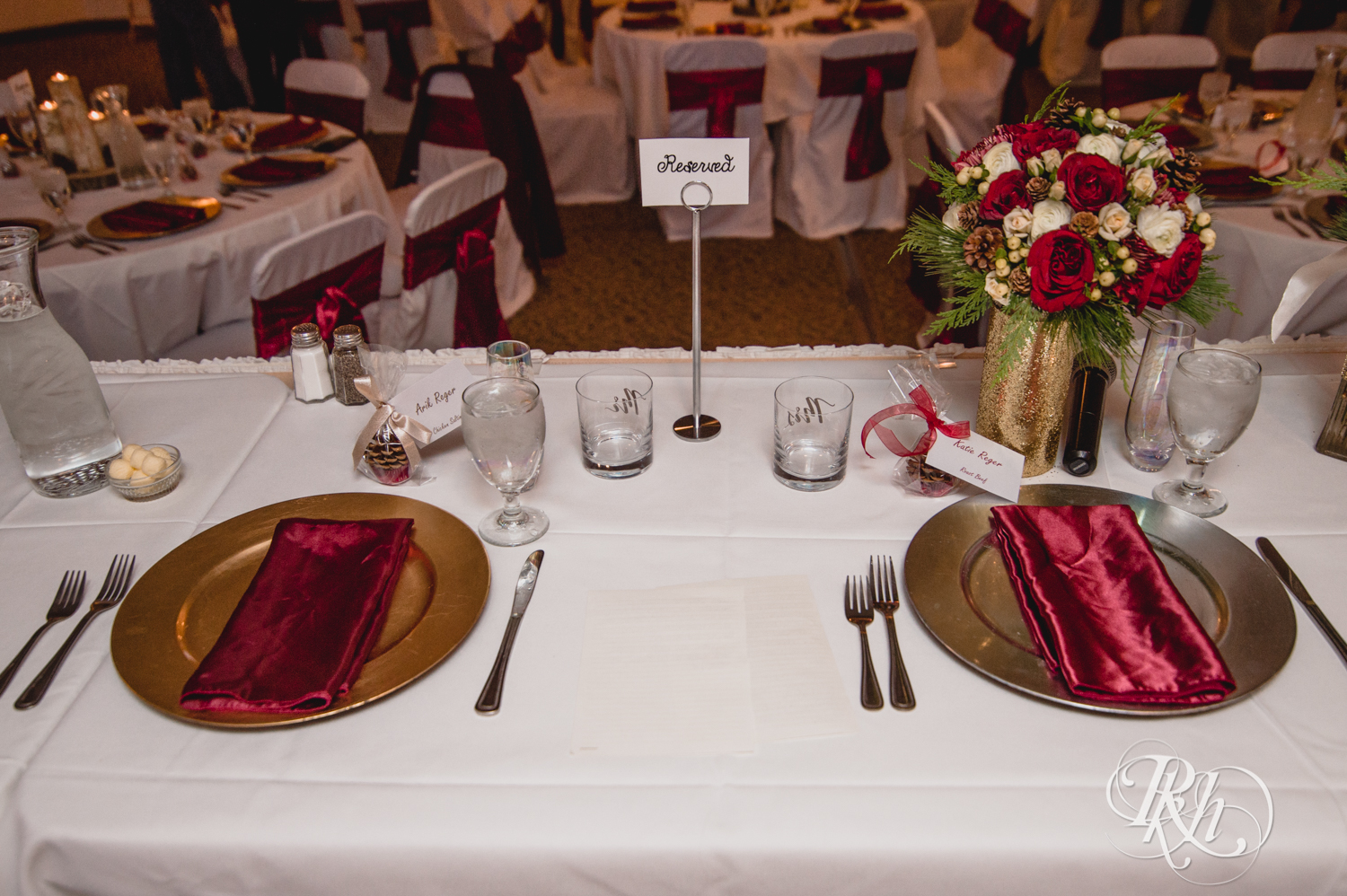 Indoor wedding reception head table setup in Whitefish Lodge in Crosslake, Minnesota.
