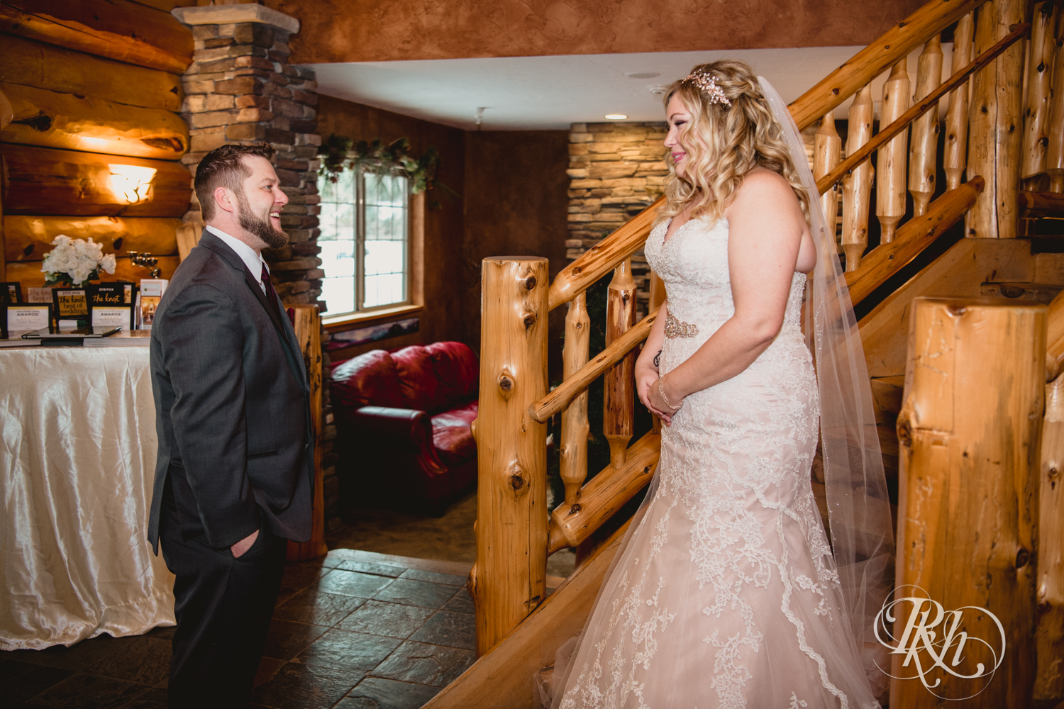 Bride and groom see each other at first look at Whitefish Lodge in Crosslake, Minnesota.
