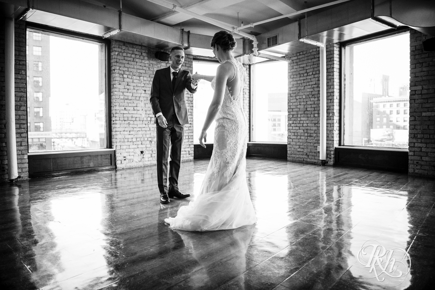 Bride and groom dance in the Lumber Exchange Event Center in Minneapolis, Minnesota.