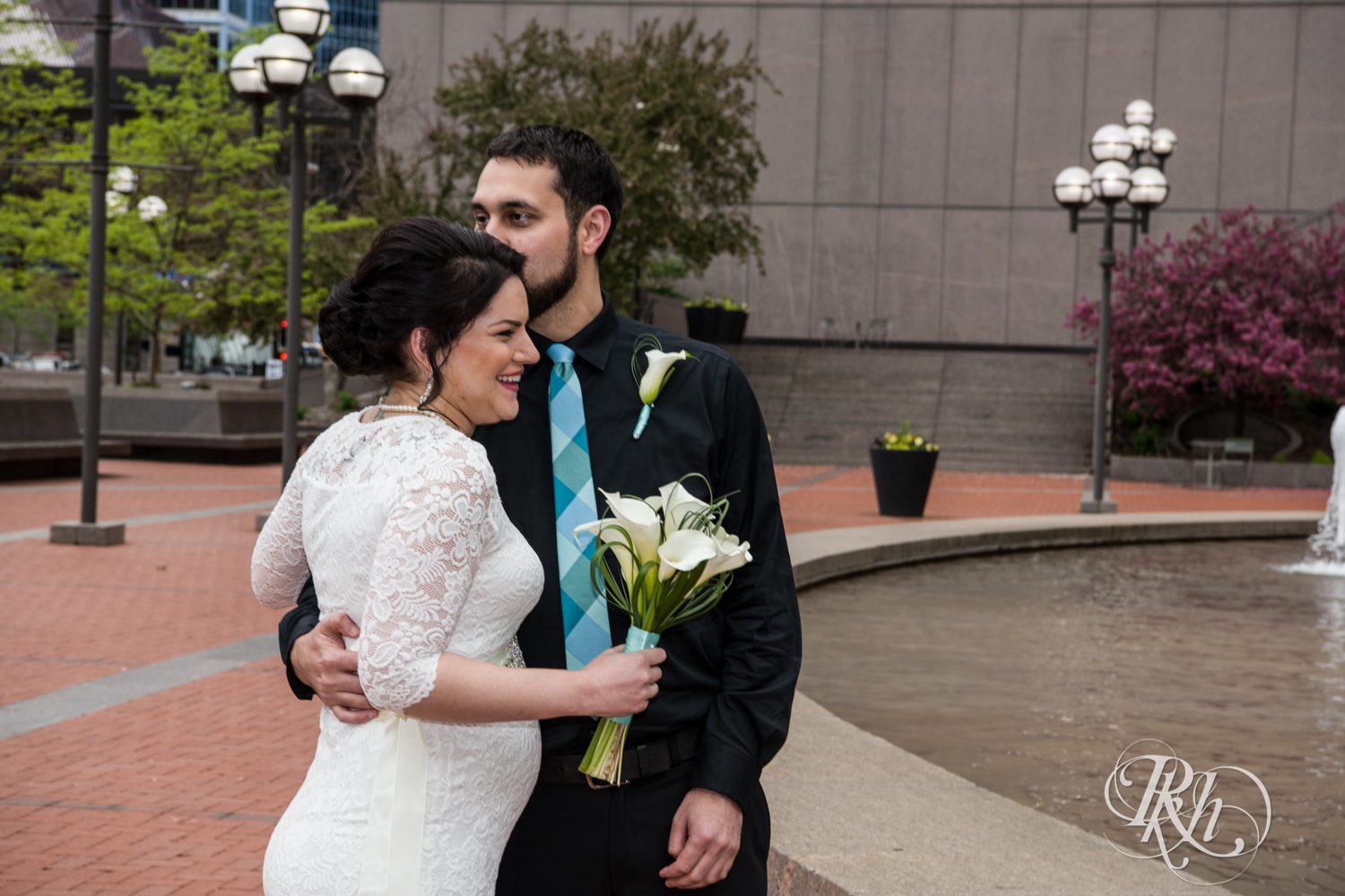 Bride and groom share first look in Minneapolis, Minnesota before their courthouse wedding.