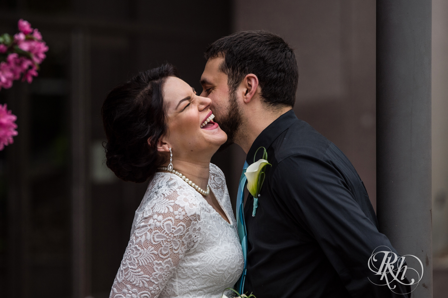 Bride and groom share first look in Minneapolis, Minnesota before their courthouse wedding.